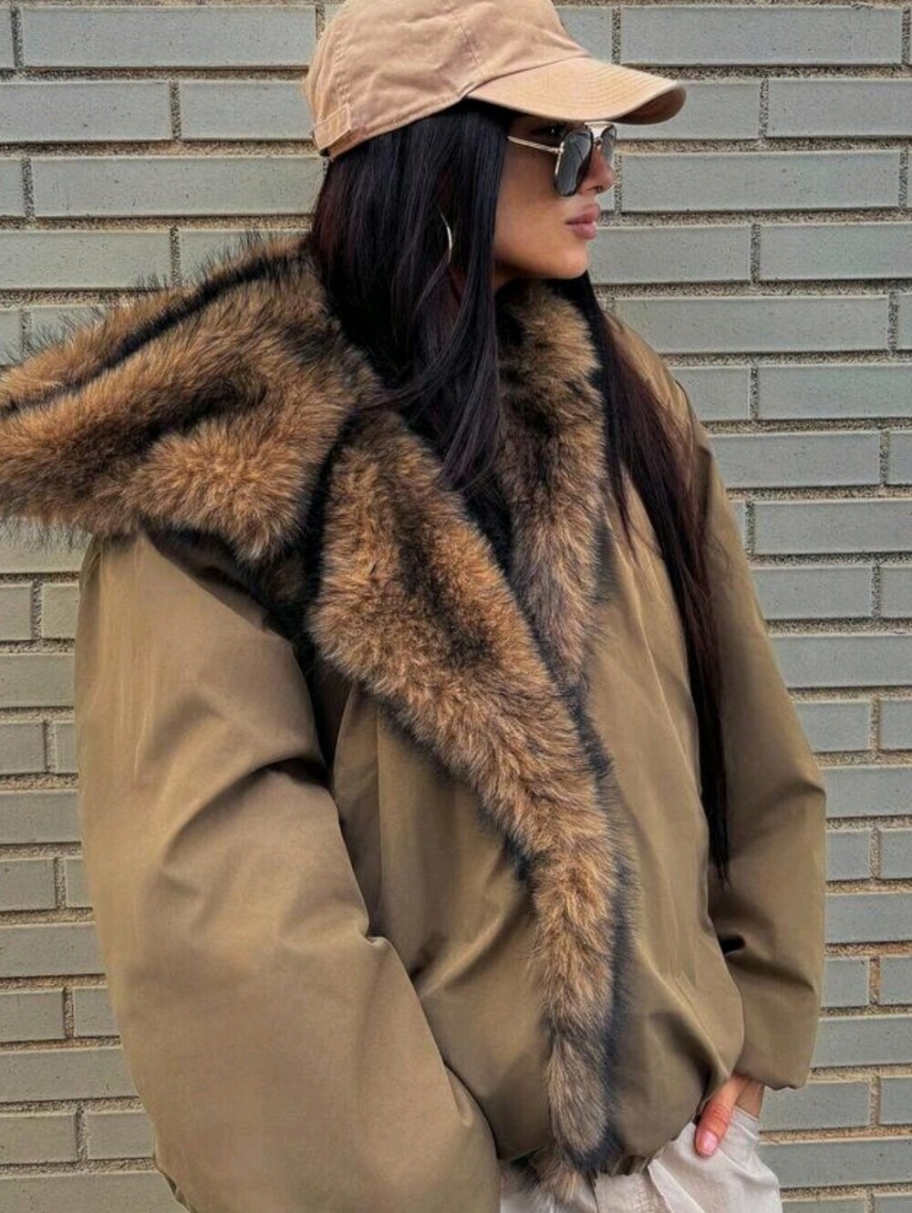 Women's Tan Faux-Fur Trim Hooded Jacket
